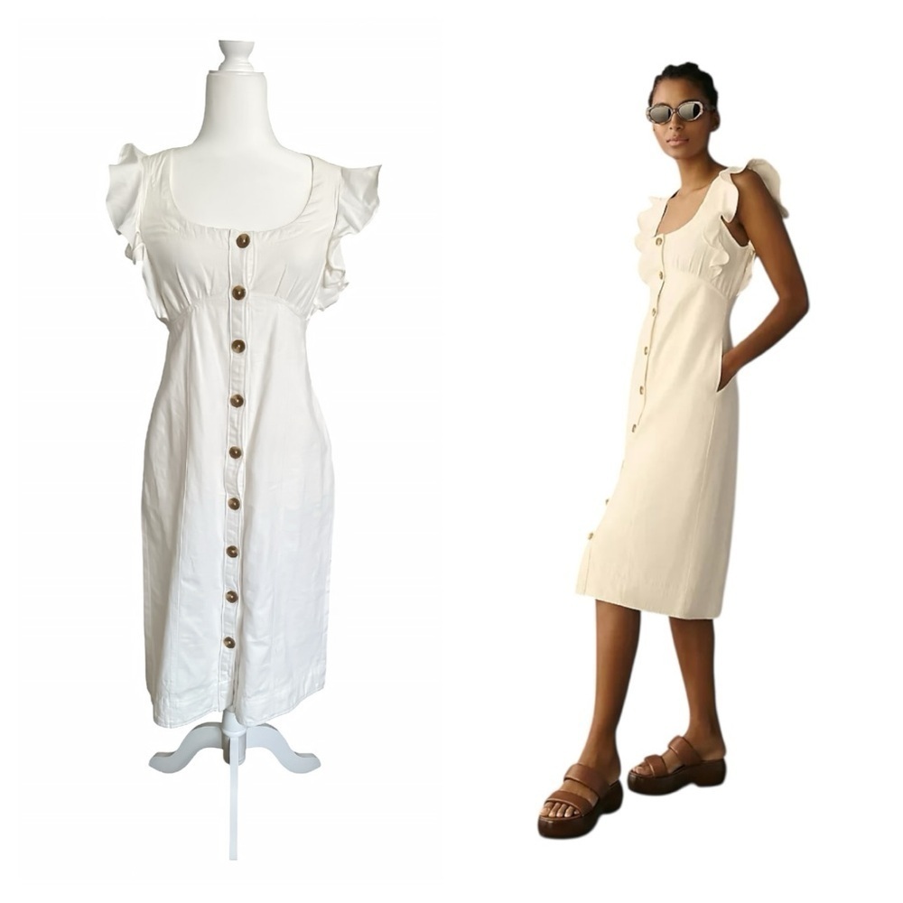 Pilcro Scoop-Neck Ruffle-Sleeve Buttondown Dress White Linen Blend Sz 0P Petite